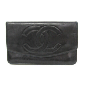 CHANEL Authentic Black Lambskin Leather Logo Wallet